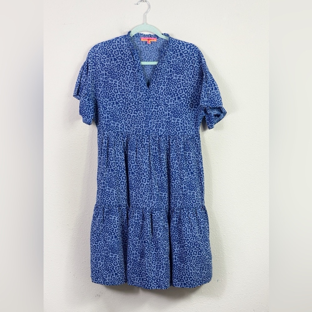 Vilagallo Tiered Cheetah Animal Print Blue Purple V-neck Dress sz 38 (US small)